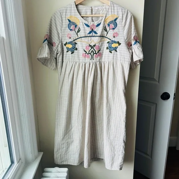 Tea N Rose Embroidered Floral Striped Babydoll Dress Tan White ID7099 Mens M - Picture 2 of 6